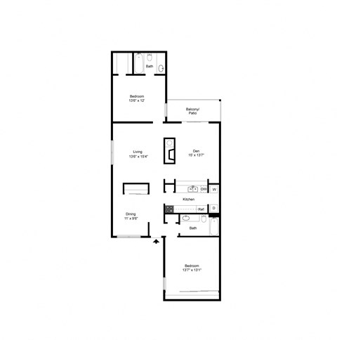Floor plan for 2 beds, 2 baths, 1333 sqft